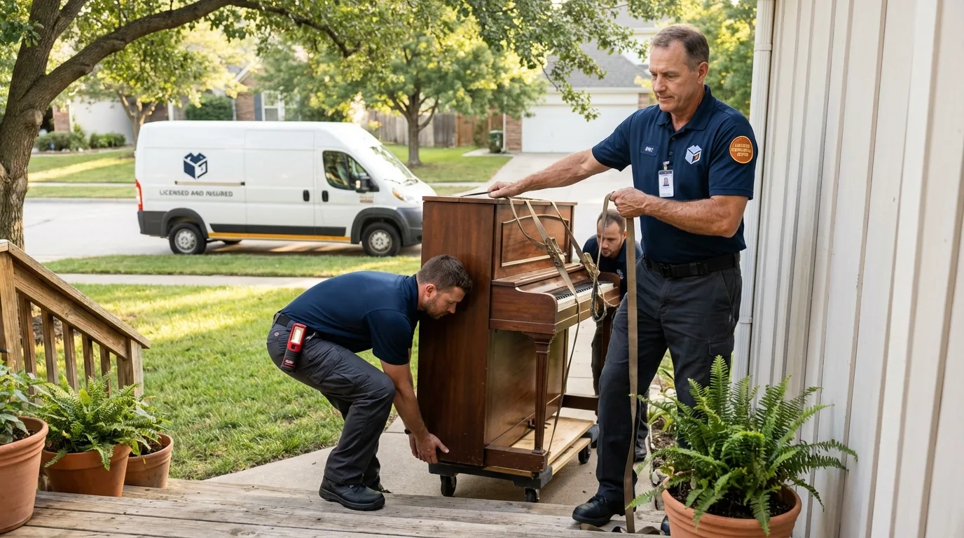 Licensed piano movers securing grand piano in Kewaskum, WI