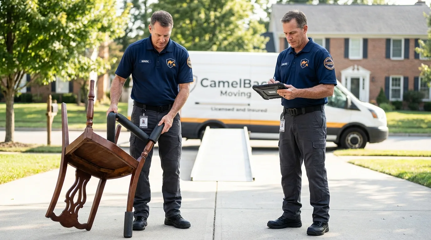 Movers inspecting furniture for damage prevention before loading in Kewaskum, WI