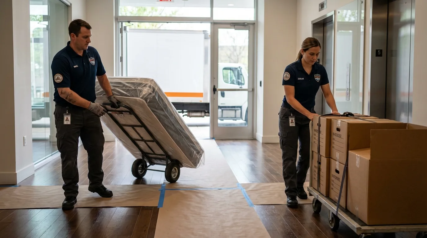 Professional apartment movers loading elevator in Kewaskum, WI