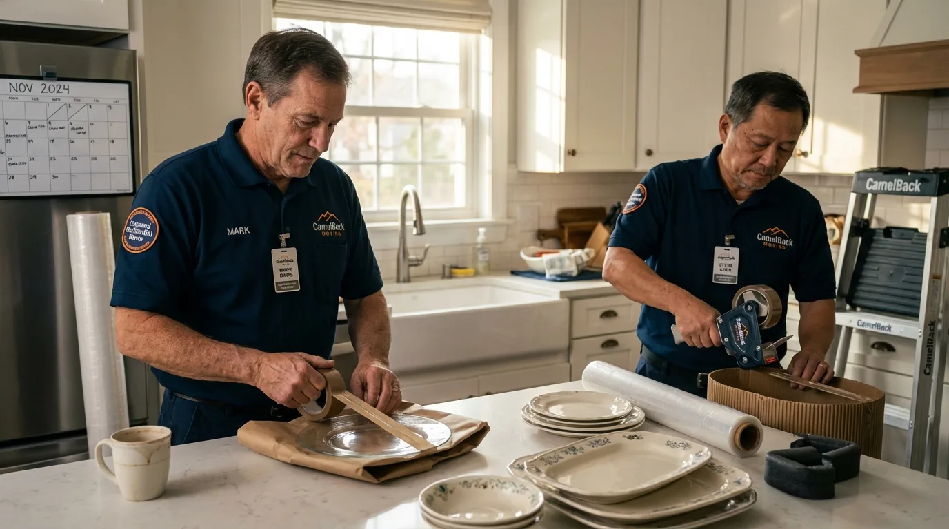 Professional crew packing kitchen dishware in Kewaskum, WI
